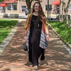 Color Block Plaid Blanket Kimono, One Size